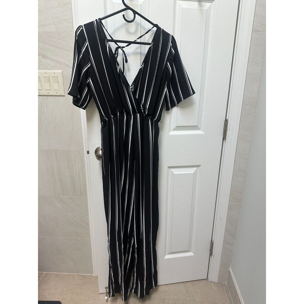 Miami Vertical Stripe Short Sleeve Jumpsuit Black White XXS